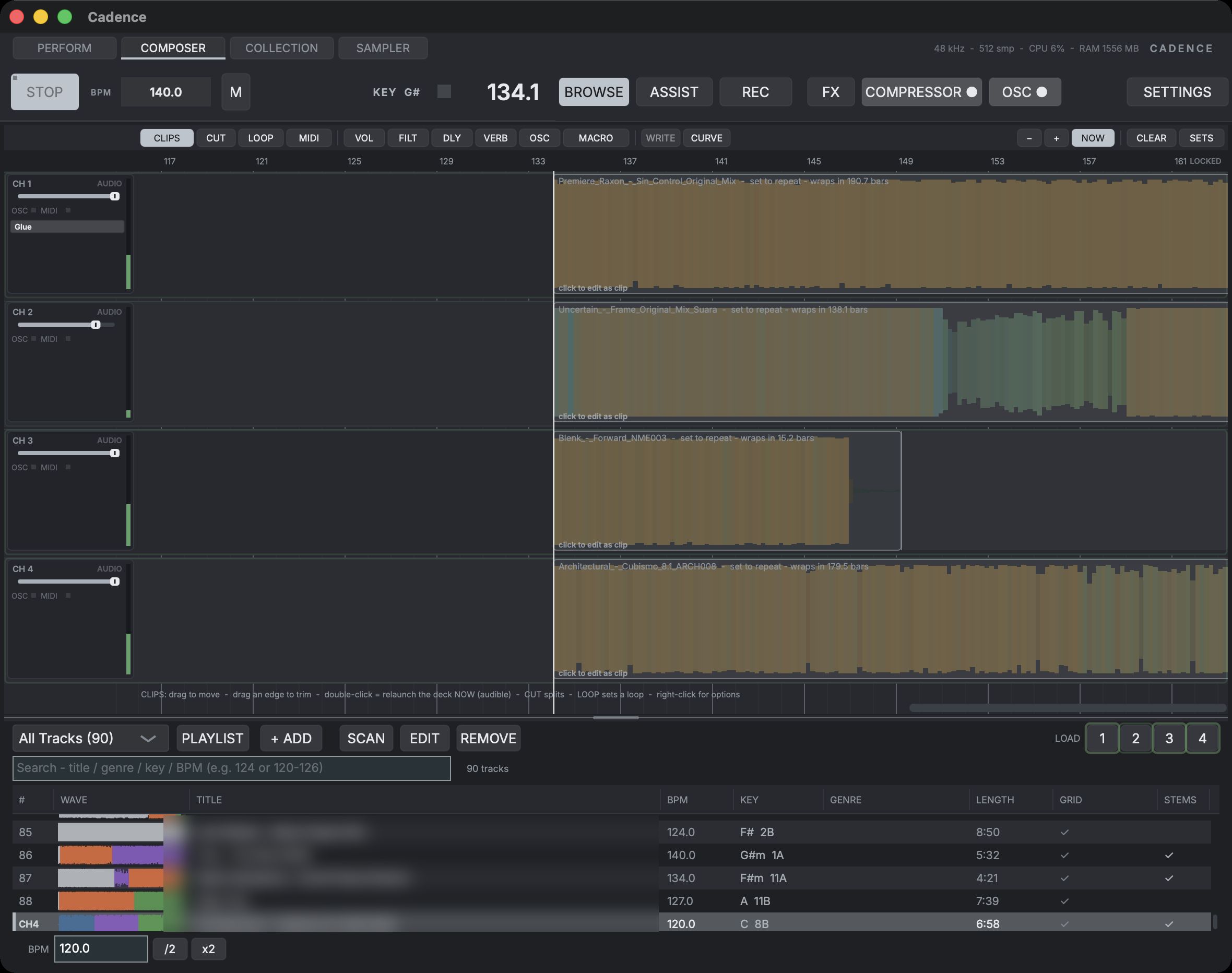 The Composer view: four deck lanes of clips on a numbered bar timeline, under a toolbar of clip and automation tools
