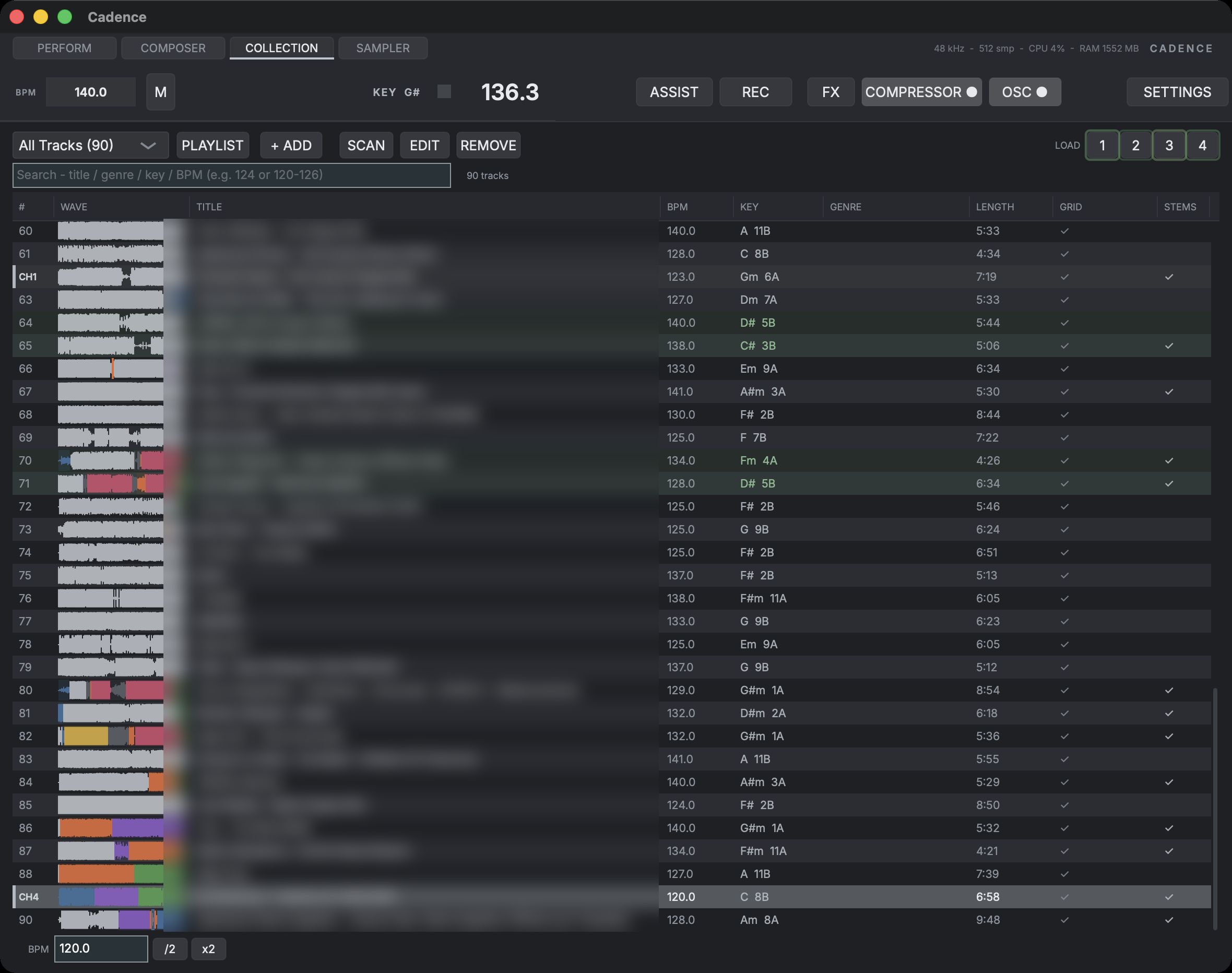 The Collection view: the track table with waveform, BPM, key, genre, length, grid and stems columns, and Load 1 to 4 buttons above it