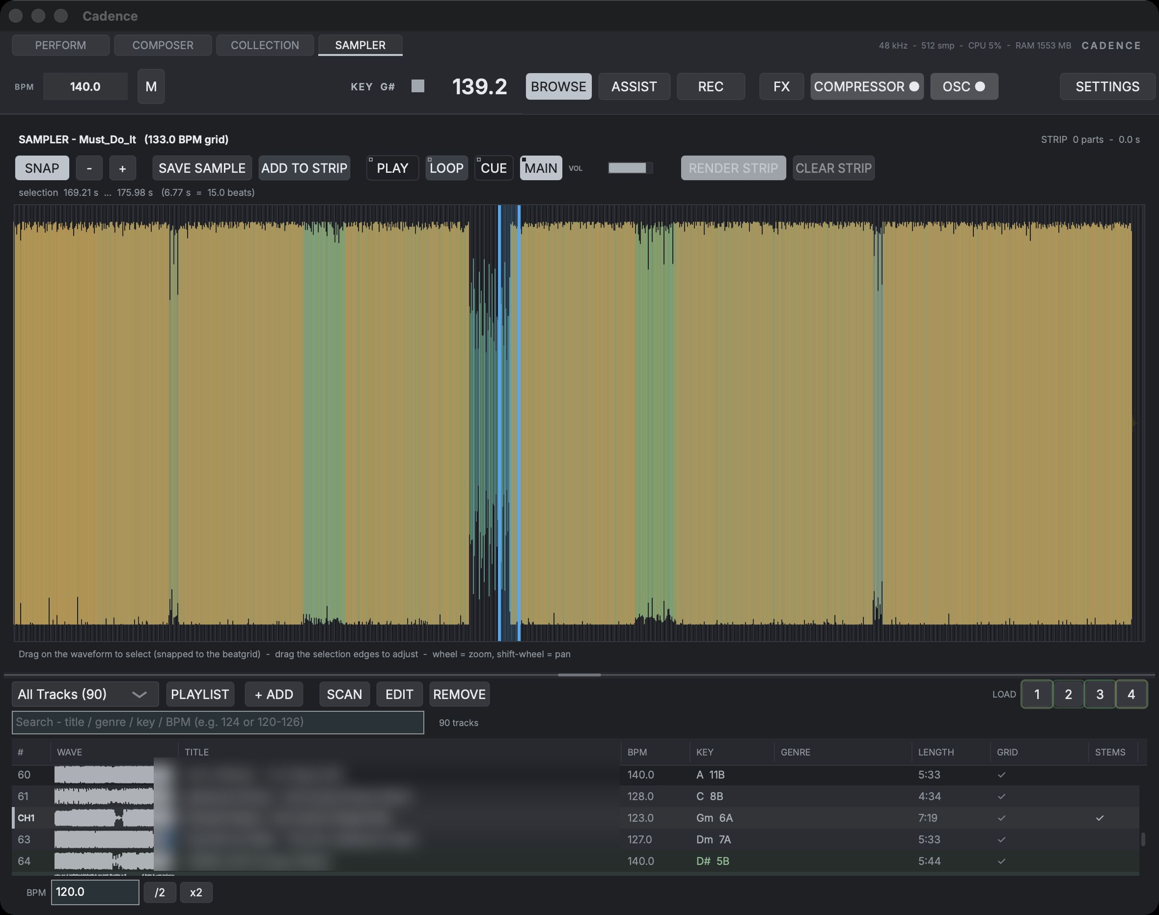 The Sampler view: a zoomed waveform with a beatgrid-snapped selection highlighted, under the save, monitor and strip controls